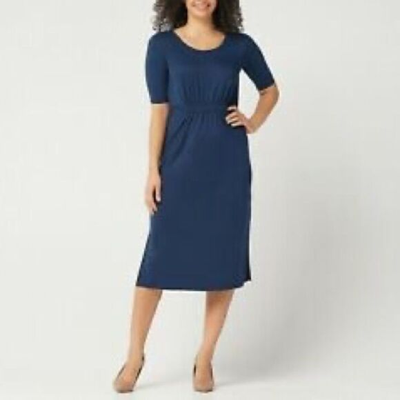 Halston Ruched Waist Elbow-Sleeve Midi Dress - Picture 1 of 4